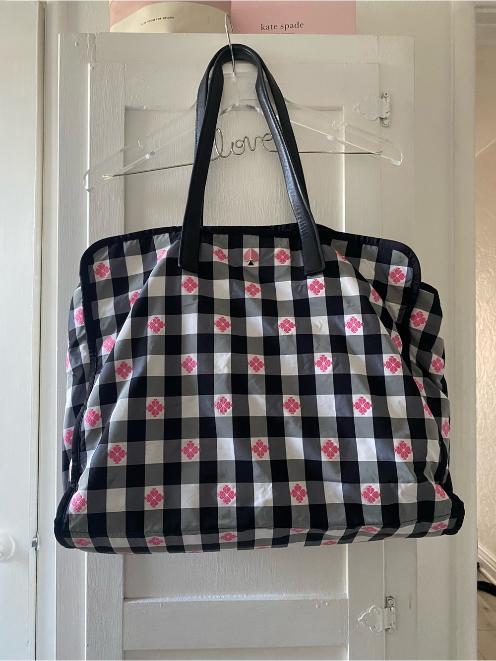 kate spade Black and White Gingham Tote with Pink Floral Motif.